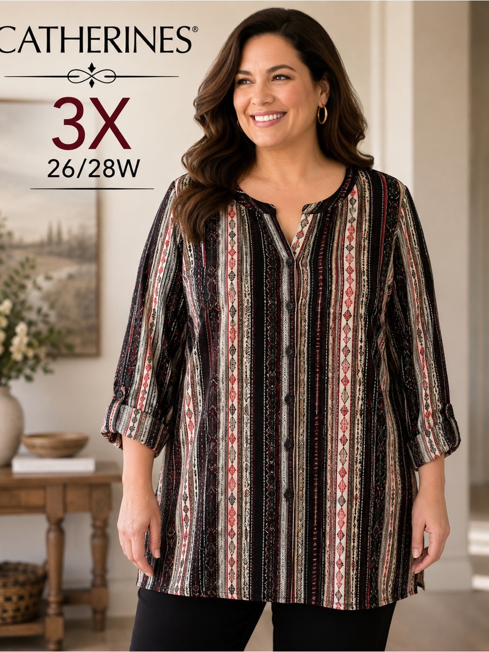 Catherines 3X 26/28W Geometric Button Front Tunic Top